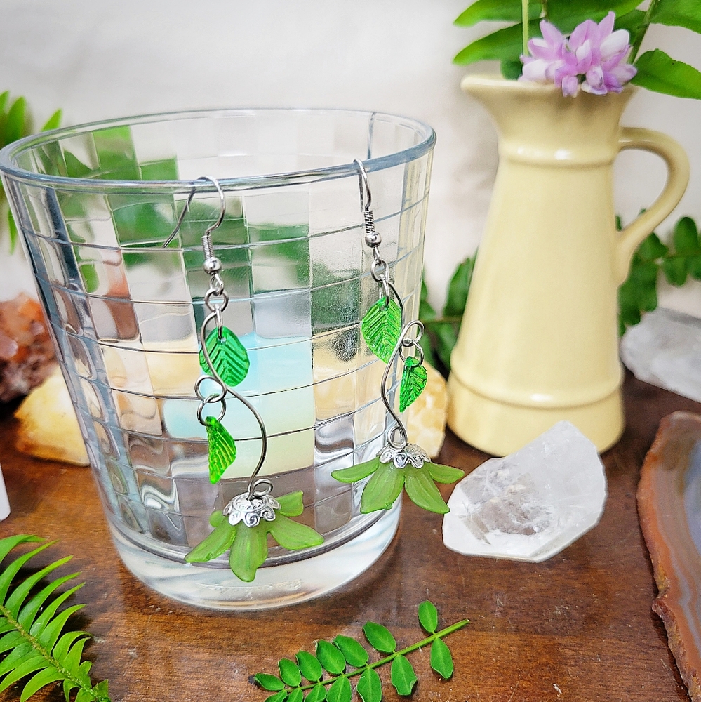 Olive Green & Green Leafed Flower Fairy Earrings - Stainless Steel - Handmade